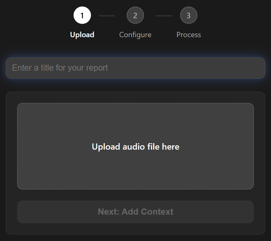 Upload Audio - AI Reporter Application Screenshot